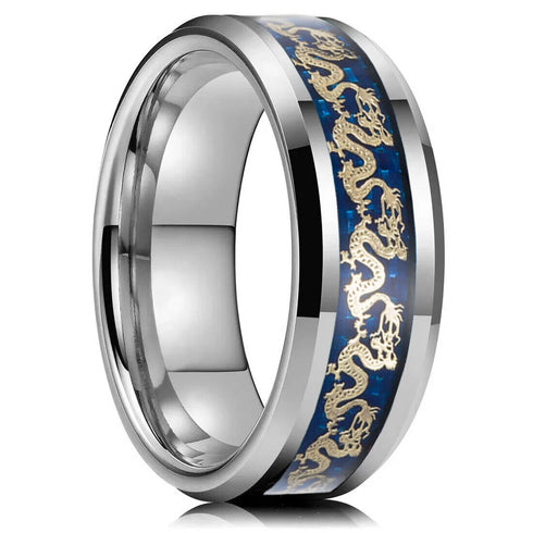Men 8mm Tungsten Beveled Edges Silver & Blue Celtic Gold Dragon Comfort-Fit Band
